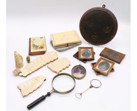 A mixed lot to include; an Art Deco designed Entouka combination compact and mirror, lipstick etc, a 19th century scripture b