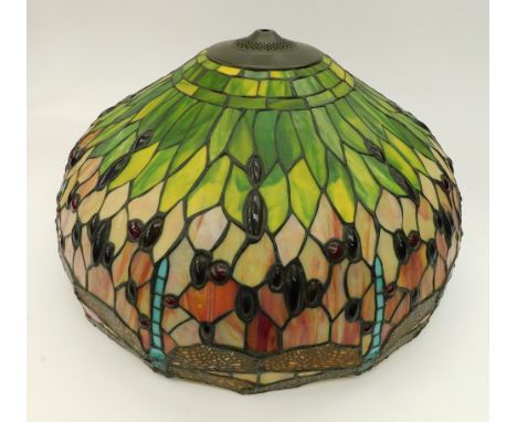 Late 20th C early 21st C Tiffany style large lamp shade with dragon fly detail to the coloured leaded glass.