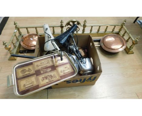Collection of brass and metal wares to include Fender bed pans, angle lamps, tray, golf club etc inc Picquot tea/coffee pots.