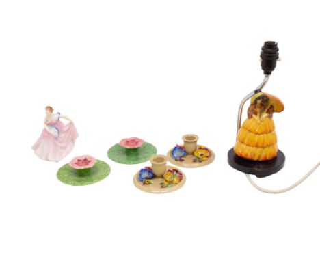 Mid 20th Century Royal Doulton lady figure, wade lady, electric Wade lamp and Wedgewood candle holders.
