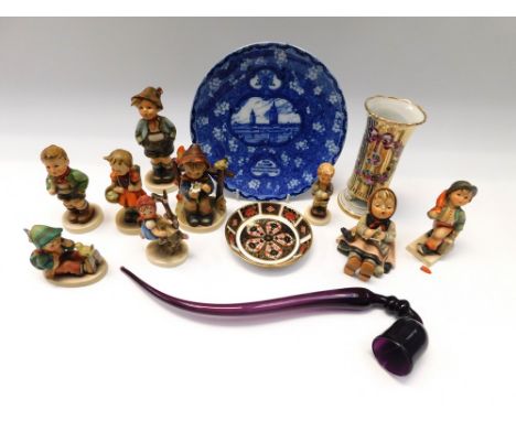 A collection of German Hummell, Goebel figures (some damaged) along with a Royal Crown Derby Imari pin dish marked 1128 xci, 