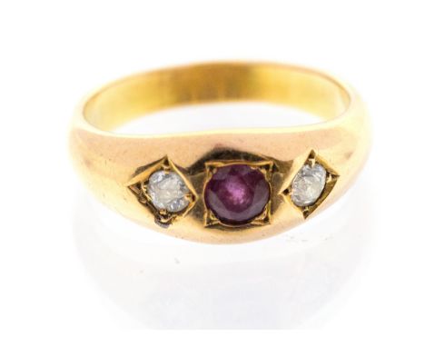 A ruby and diamond set gold ring, comprising a round cut ruby to the centre, stone approx 4mm, with single old cut diamonds s