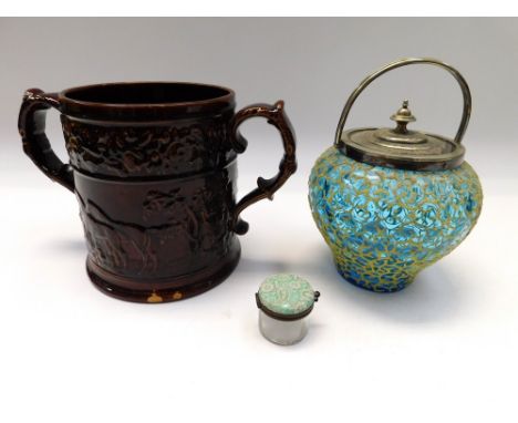 Late 19th century treacle ware twin handle mug with hunting and country life detail also an early 20th century continental gl
