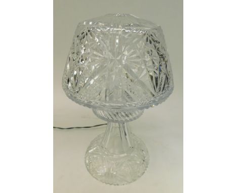 A cut glass lamp with mushroom shade, untested.