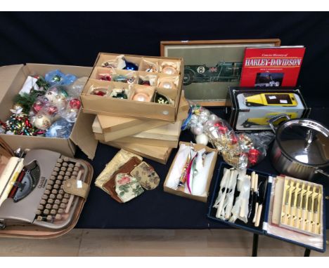 A collectors lot to include; various Christmas decorations and baubles (mid to late 20th Century), a modern luggage bag, Bent