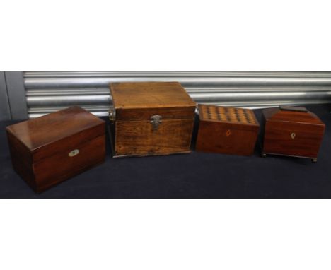 A small collection of 19th or 20th century treen boxes to include; a geometric vari-wood inlayed tea caddy with two lidded co