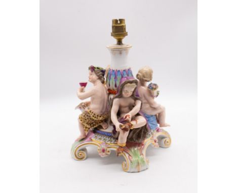 Meissen - A 19th century painted ceramic comport base, broken in the past and turned into lamp base. Depicting Cherub designs