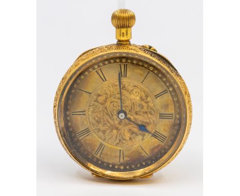 A ladies Victorian 18ct gold open faced pocket watch, comprising a gilt dial with numeral indices, central foliate decoration