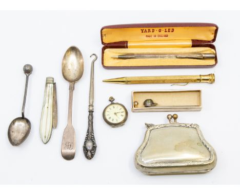 A collection of silver and plate items. To include a sterling silver Yard-O-Led pencil, a similar base metal propelling penci