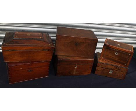 A collection of various 19th/20th century wooden boxes to include; a mother of pearl inlayed sarcophagus shaped box, a rectan