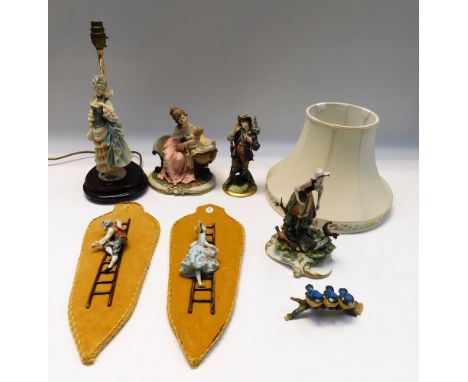A collection of mixed Capo Di Monte figures to include; a lamp with lady figure on wooden base with shade, a lady with child 