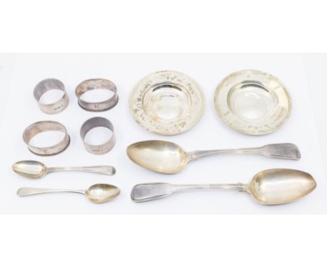A collection of silver to include; Two similar circular silver pin dishes, each with engraved script "A Journey Together Ken 
