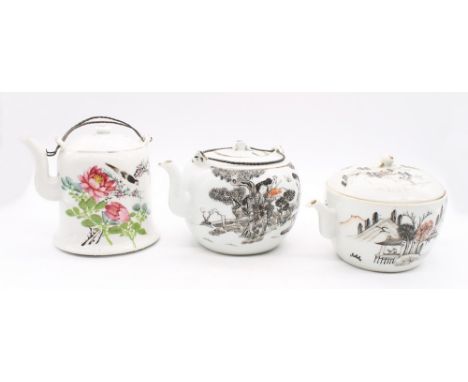 Three 19th century porcelain famille rose Chinese tea pots and covers decorated with Chinese writing and scenes in enamel, ma