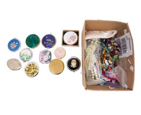 A collection of costume jewellery and 11 powder compacts including: repro Marilyn Monroe style, blue ostrich design, gold met