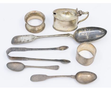 A collection of silver items to include; a Victorian silver fiddle patterned serving spoon, hallmarked by William Rawlings So