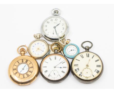 A collection of pocket watches to include  a gold plated half hunter, a ladies guilloche enamel open faced pocket watch, alon