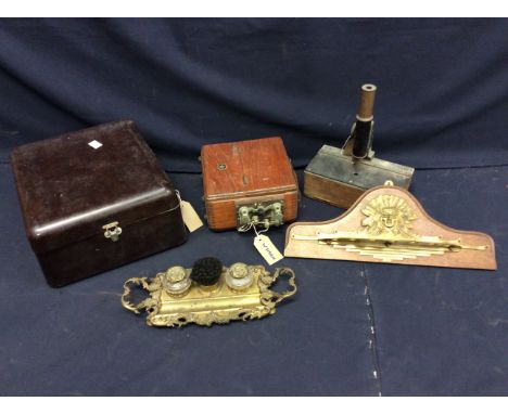 Bakerlite recorder in travel box, pipe rack, microscope and volt meter with ink stand.
