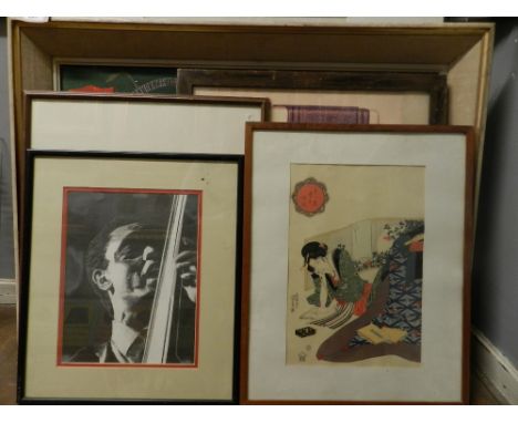 A collection of pictures, to include a Japanese watercolour, a print of a Victorian beach scene, a black and white portrait p