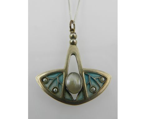 A continental silver, mother-of-pearl, and plique a jour (Art Nouveau) pendant on a white metal chain.
