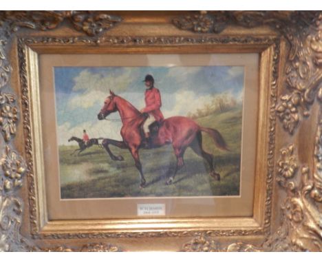A reproduction painting of a hunting scene within a giltwood and gesso frame. 