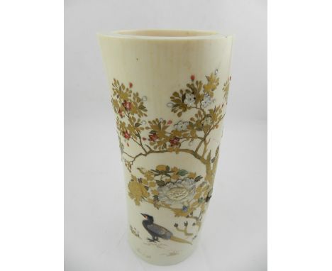 A Japanese late Meiji period ivory tusk vase, Hiramaki  and Shibayama decorated with mother of pearl, abalone and gilt depict