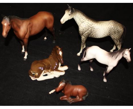 A Beswick dapple grey horse, Beswick matt ground chestnut horse and foal, Beswick style horse and a Lomonsov seated foal   CO