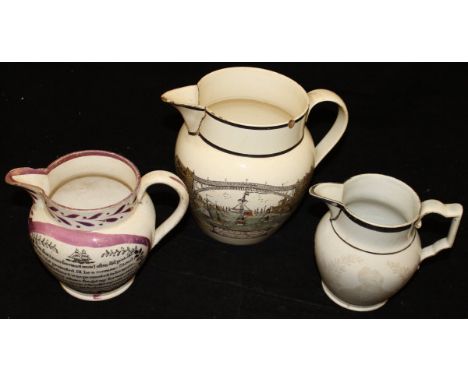 A collection of three 19th Century pottery jugs including "A West View of the Iron Bridge at Sunderland....." with "May Carpe