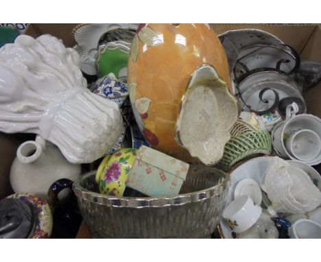 Three boxes of miscellaneous china, glass ware and oddments to include a 20th Century Chinese bowl in a yellow ground with fo