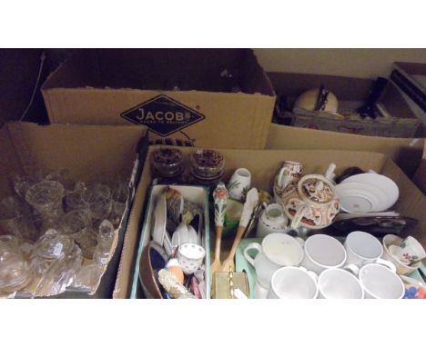 Eight boxes of miscellaneous items to include china wares, glass wares, metal wares, treen and table linens etc, together wit