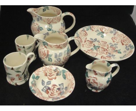 Three Bridgewater sponge wear "Roses" pattern graduated jugs, bowl, two mugs, small bowl designed by Emma Bridgewater, togeth