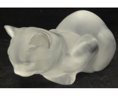 A Lalique glass figure Chat Couche crouching cat, frosted, signed to one side   CONDITION REPORTS  Has some light surface scr