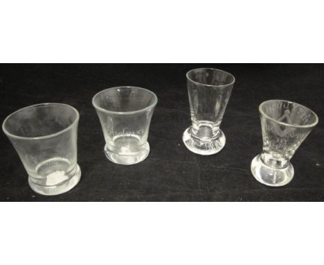 Two Masonic Amity Lodge toasting glasses, together with two Kirkbuddo Glass Studio glasses   CONDITION REPORTS  One of the Lo