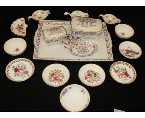 A Richard Ginori part dressing table set comprising tray, two lidded boxes and pin dish, together with three Royal Worcester 