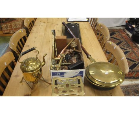 A box of various metal wares to include iron handled saucepans, copper kettles, five various hand bells, iron bound treen war