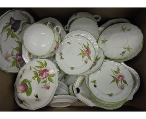 A Continental part dinner and tea service decorated on a white ground with pink roses and green leaves, together with part Ro