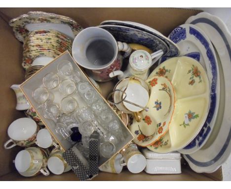 Three boxes of miscellaneous china and glass wares to include a Paragon part tea service, a floral decorated jug, two blue an
