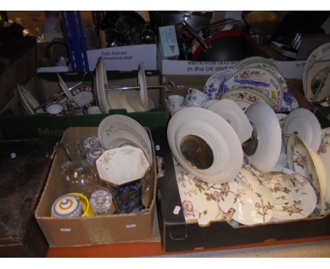 Seven boxes of miscellaneous items to include a Poole Pottery lidded pot, a Carlton ware vase, a selection of Belleek tea pla