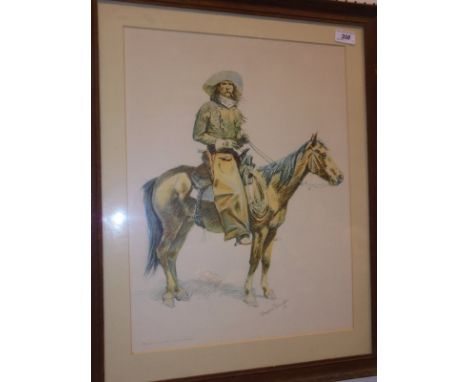 AFTER FREDERICK REMINGTON "U S Cavalryman", colour print, together with three further prints featuring American figures on ho