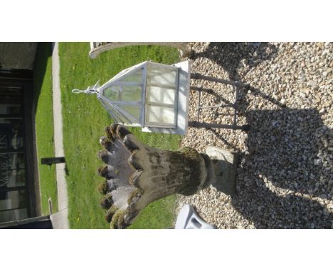 A composite stone garden planter, a marble topped coffee table, a miniature white painted iron framed and glazed garden green