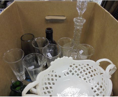 A brown glass bottle, two studio pottery glass vases, a cut-glass decanter, a collection of Britain's Farmyard components, a 