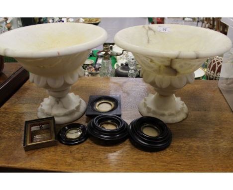 A pair of alabaster dishes on stands, together with five miniature frames together with AFTER SUSAN CRAWFORD "Mare and Foal" 