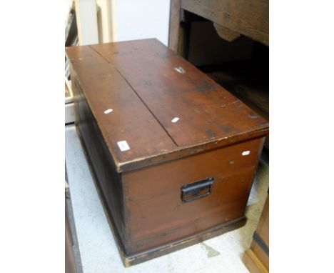 A late Victorian stained pine trunk together with a late Victorian pot cupboard, the plain top above a single door to plinth 