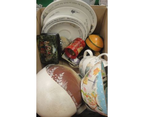 Wedgwood of Barlaston of Etruria Peter Rabbit plates, tea cups, two enamel dishes, various ash trays etc