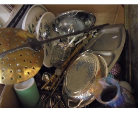 One box of miscellaneous items to include ceramic carpet bowls, a Merlin glass vase, a Benares type tray decorated with peaco