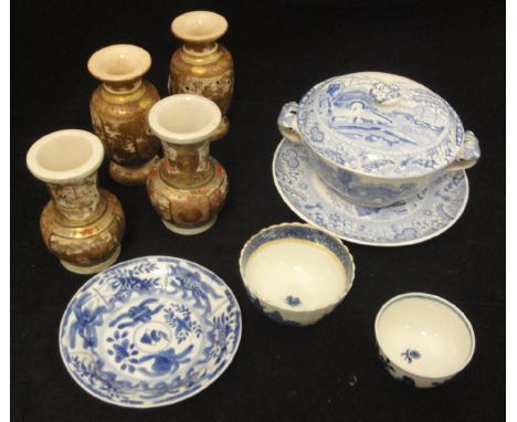 A Copeland & Garrett transfer decorated lidded tureen on plate, late 18th Century tea bowl decorated with a crescent, a 19th 