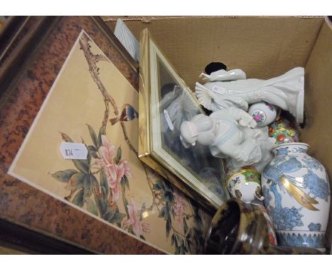 Eleven boxes of miscellaneous china, glass ware and pictures to include Wedgwood part tea service, cat ornaments, posies, tea