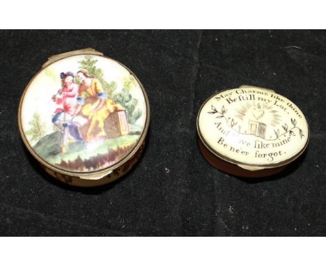 A circa 1800 Bilston enamel patch box inscribed to lid "May charms like thine be still my lot and love like my mine be ne'er 