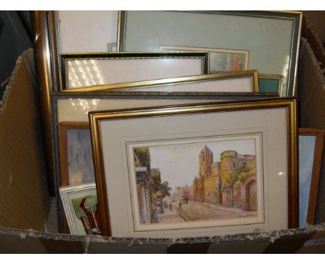 One box of assorted pictures and prints to include AFTER ROBERT GREENHA "Sheep in Clover", limited edition, colour print 76/1