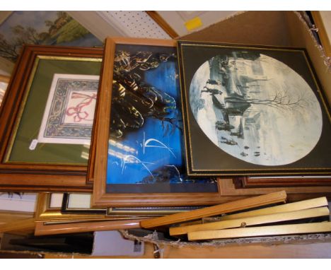 Two boxes of assorted pictures and prints to include AFTER VAN GOGH "Sunflowers", colour print etc
