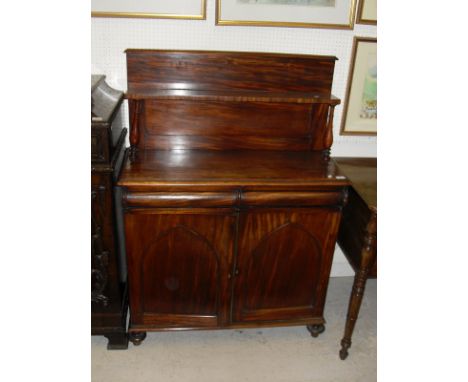 A Victorian mahogany chiffonier, the raised back with single shelf on baluster turned supports  over two cushion drawers and 